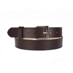 Ceinture cuir doublé marron foncé, boucle carrée acier satiné 5046