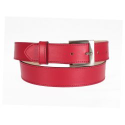 Ceinture cuir doublé rouge, boucle carrée acier satiné 5046