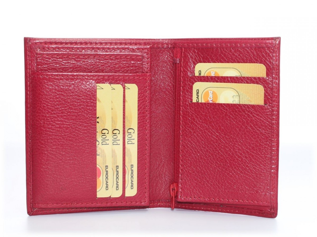 Porte Monnaie Cuir Compact LOLUNA - 2 Fermetures - Pour Carte, Monnaie Et Clés - Homme Et Femme - Rouge
