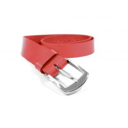 Ceinture cuir rouge, boucle moderne acier gris satiné 4031