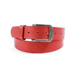 Ceinture cuir rouge, boucle moderne acier gris satiné 4031