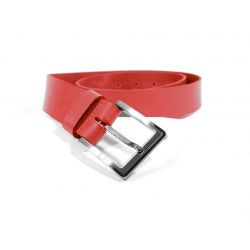 Ceinture cuir rouge, boucle moderne acier bicolore 4038