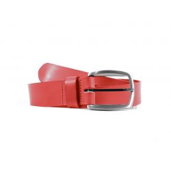 Ceinture cuir rouge, boucle ogive deux tons 4043