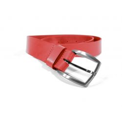 Ceinture cuir rouge, boucle ogive deux tons 4043