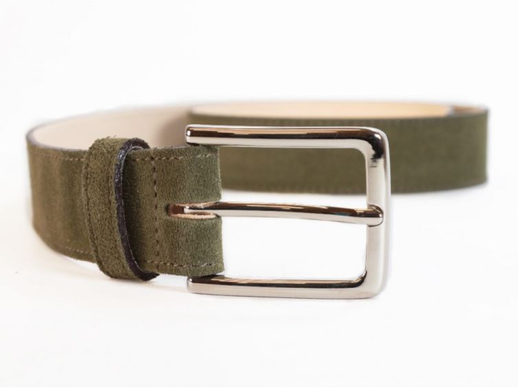 Ceinture cuir velours vert, boucle élégante acier poli - 2037