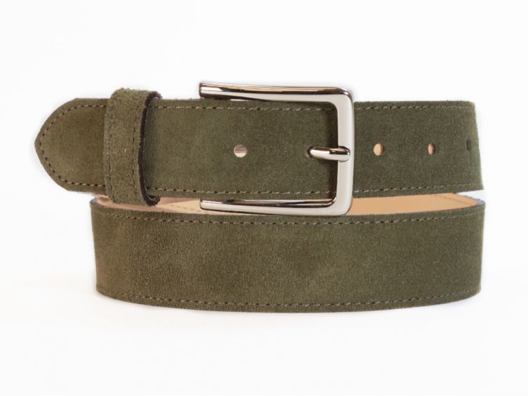 Ceinture cuir velours vert, boucle élégante acier poli - 2037