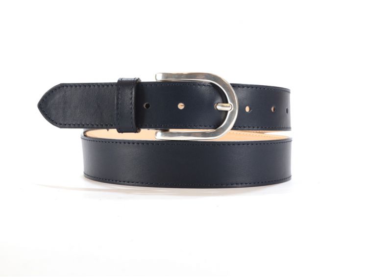Ceinture cuir doublé bleu nuit, boucle rectangle acier poli 5029 
